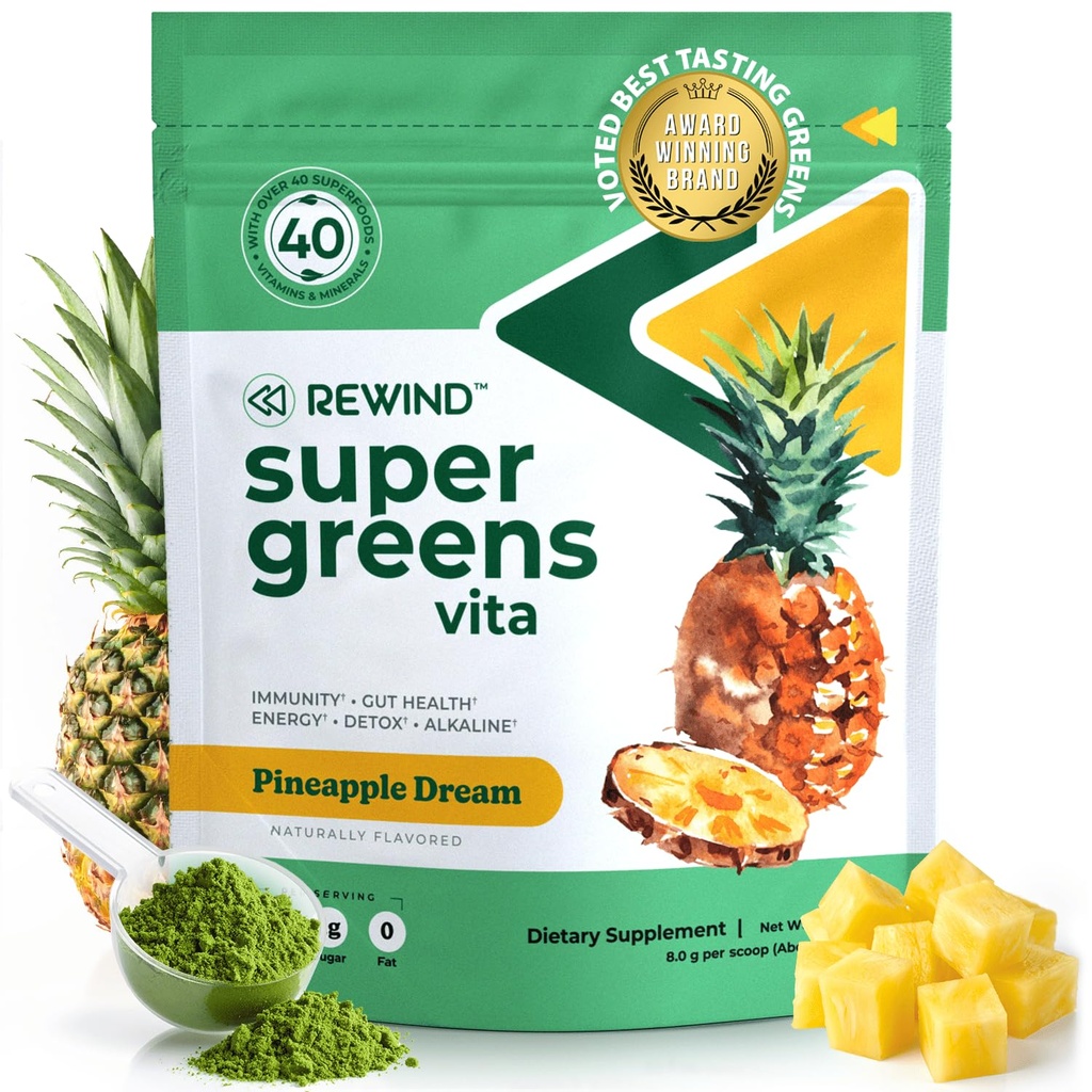 Melhor degustação de Super Verdes em pó com 40+ Superalimentos – Delicious Daily Green Powder com Vitamina B12, Zinco, Vitamina C, Magnésio e Cálcio – Green Juice Superfood Mix - Pineapple Flavor
