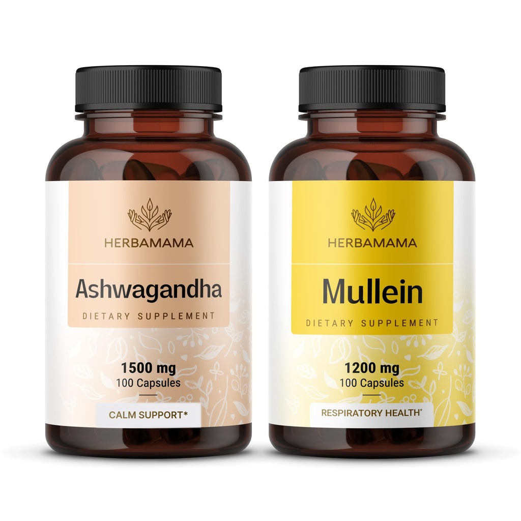 HERBAMA Ashwagandha e Mullein Kit - Pacote de 1500 mg Ashwagandha Raiz & 1200 mg Mullein Leaf Cápsulas 100 Caps - Vegan, Não-GMO, Açúcar & Álcool - 2 Pack