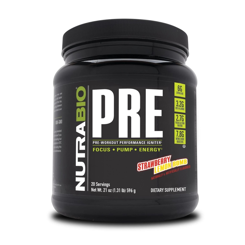 NutraBio PRE Treino em Pó - Old Formula - Energia Mantida, Foco Mental, Endurance - Beta Alanine, Creatina, Cafeína, Eletrolíticos - 20 Servões - Bomba de Limão Morangueiro