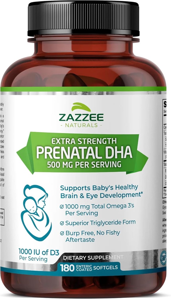 Zazzee Força Extra Pré-natal DHA 500 mg, 180 Entérico revestido Softgels, 1000 mg Omega 3’s, 1000 UI Vitamina D3, Arroto Livre, Sem gosto de peixe, Forma de triglicerídio superior, Óleo de peixe de profundidade purificado