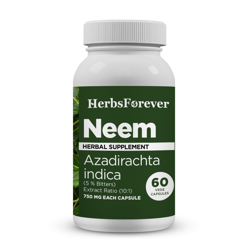 Herbsforever Neem Cápsulas Azadirachta Indica Skin Supplement 60 Vege Cápsulas