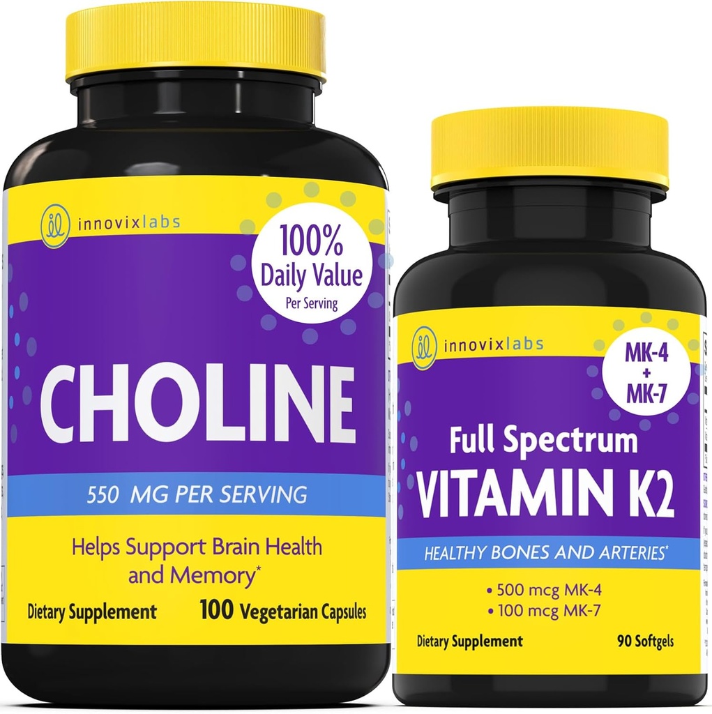 InnovixLabs Choline & Vitamina K2 Bundle Choline Bitartrate 550mg (100 Cápsulas) Full Spectrum Vitamina K2 (90 Softgels). Suporta memória, humor, saúde cerebral e aumentar o cognitivo.*