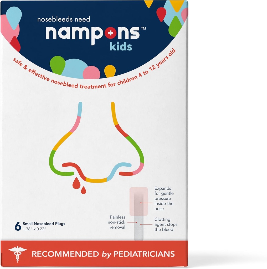 Nampons Kids Nasebleed Stoppers - 6 Fácil de Usar Nase Bleed Stopper Plugs Kit para Crianças. Confiado em pediatras. Agente de Clotting hipoalergênico pára sangramentos nos narizes rápido em contato. Seguro e sem dor