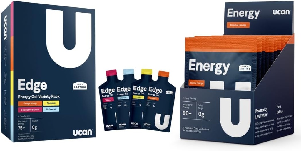 UCAN Training Starter Pack, Edge Energy Gel Variety Pack, Energia em pó Laranja Tropical, Pré e Pós-treino para homens e mulheres Vegan, Keto Friendly