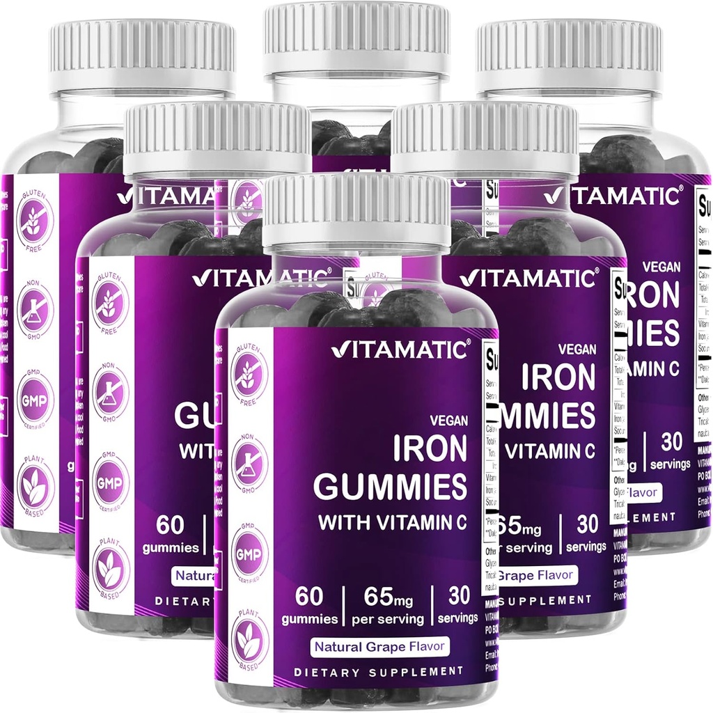 Vitamatic Iron 65 mg chicletes Suplemento para Mulheres e Homens - 60 Vegan chicletes - Grande degustação de ferro chiclete vitaminas com vitamina C (6)