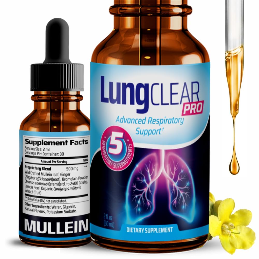 Suplemento de suporte pulmonar gotas com extrato de folha de Mullein selvagem para pulmões e alívio de muco - 2 Fl oz