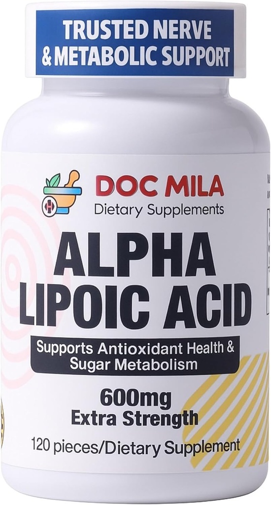 Ácido Alfa Lipóico 600mg 120 Caplets - Nerve Sciatica Peripheral Neuropatia Suporte - Gluten Free, Vegan & Non-GMO para Adultos