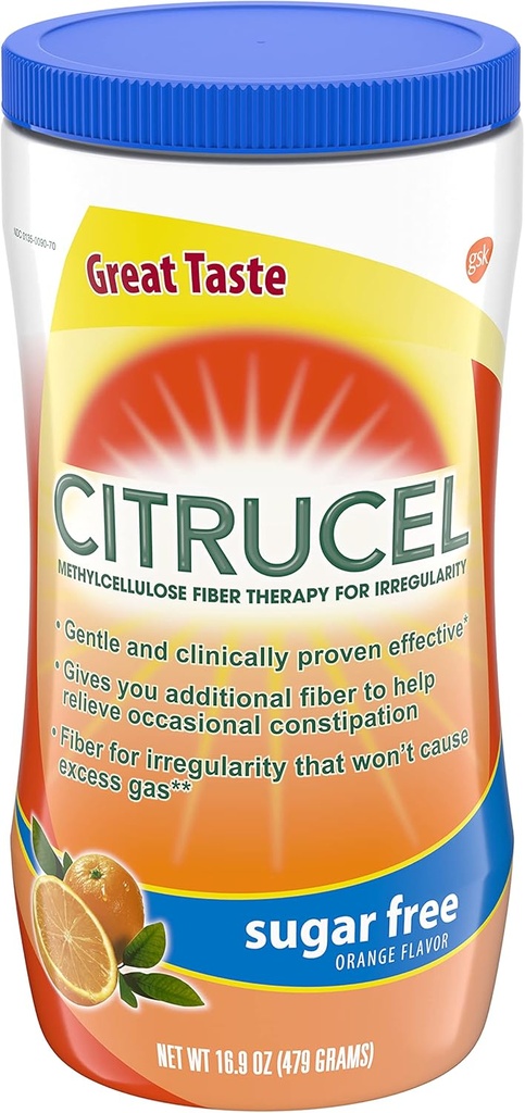 Citrucel açúcar livre sabor laranja Metilcelulose fibra terapia pó para regularidade, 16.9 onça, pacote de 4