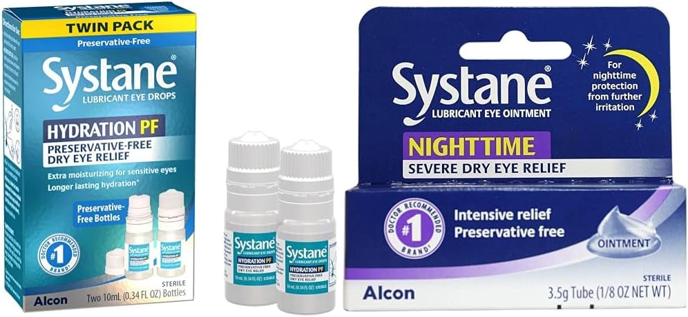 Systane Hydration Multi-Dose Preservative-Free Eye Dry Eye Relief Twin Pack (2x10ml) & Nighttime Lubricante Olho Pomada 3,5g Tubo