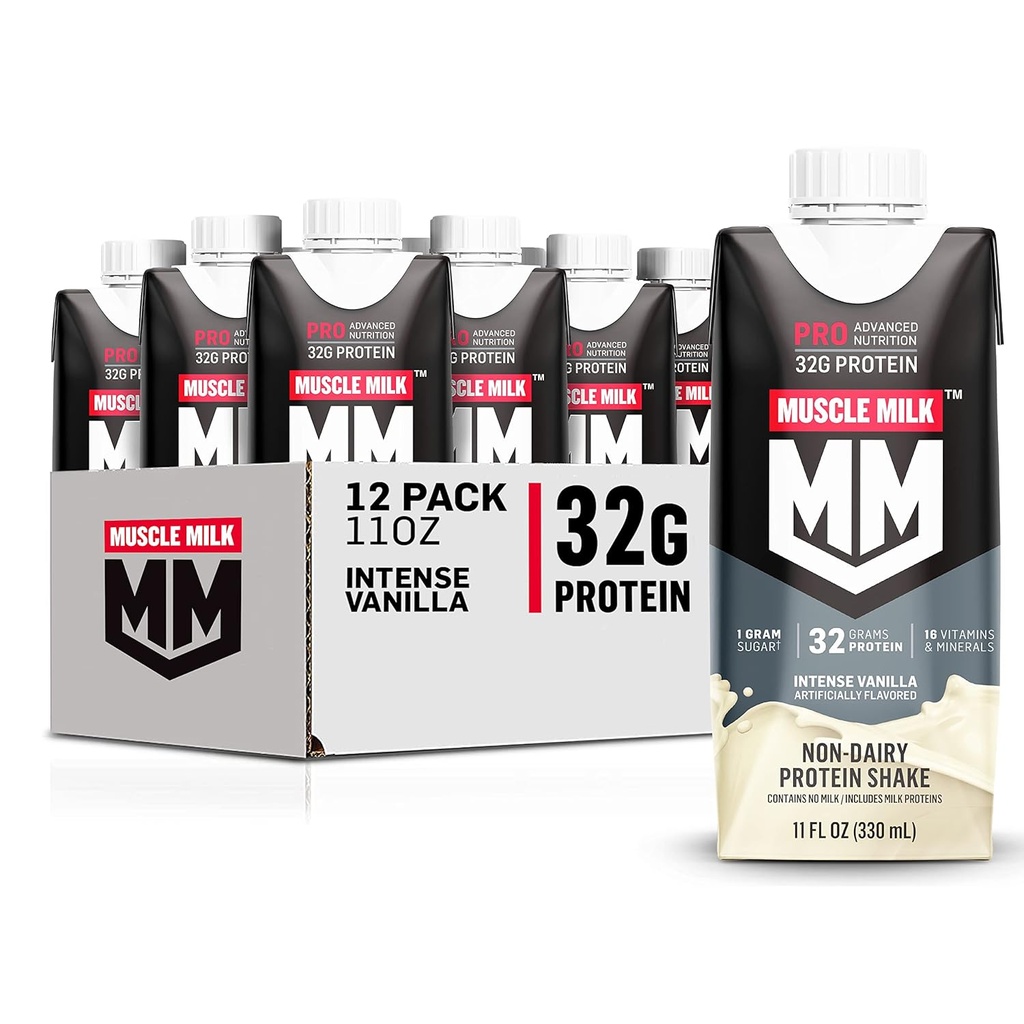 Miscle Milk Pro Avançada Nutrition Protein Shake, Intense Vanilla, 11 Fl Oz Carton, 12 Pack, 32g Protein, 1g Sugar, 16 Vitaminas & Minerals, 5g Fibra, Recuperação de treino, Embalagem Maio Vary