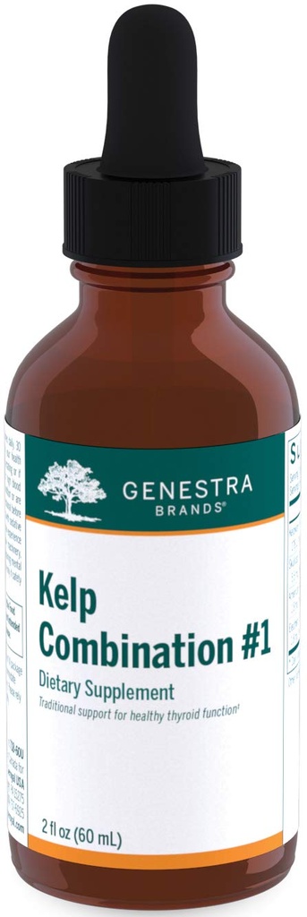 Genestra Brands Kelp Combination # 1 . Contém Bladderwrack, Borage, Skullcap, Ginseng Americano e Eleuthero . 2 fl. oz.