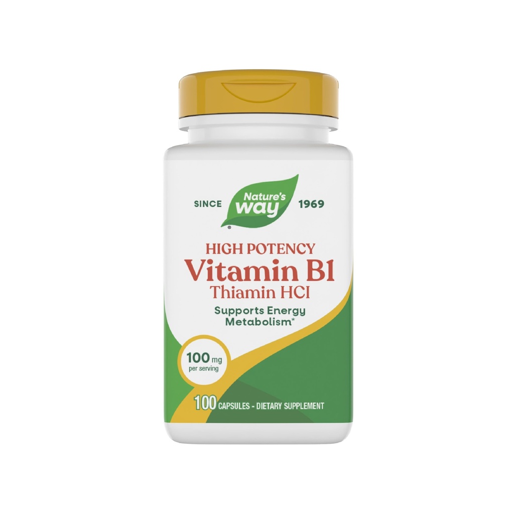 Nature's Way Vitamina B1, alta potência, 100 mg Thiamin por serviço, Thiamin HCl, Suporta Metabolismo de Energia*, Gluten Free, 100 Cápsulas (Packaging May Vary)