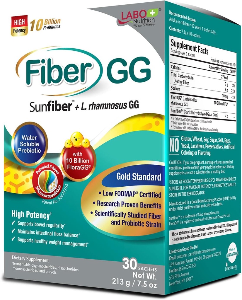 LABO Nutrition FiberGG, Lactobacillus Rhamnosus GG 10 bilhões de UFC Probióticos ativos e 7g Sunfiber Prebiótico suplemento de fibra, suporte saudável intestinal, saúde imune, sem glúten, 30 saquetas