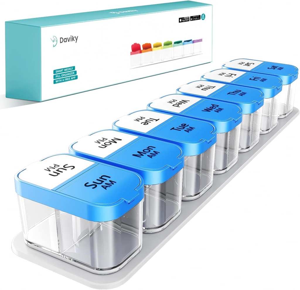 Daviky grande organizador de pílulas 2 vezes por dia - XL caixa de pílulas 7 dias, grande titular de vitamina com 7 compartimentos AM/PM destacável, grande recipiente suplemento para uso semanal ou diário (azul)