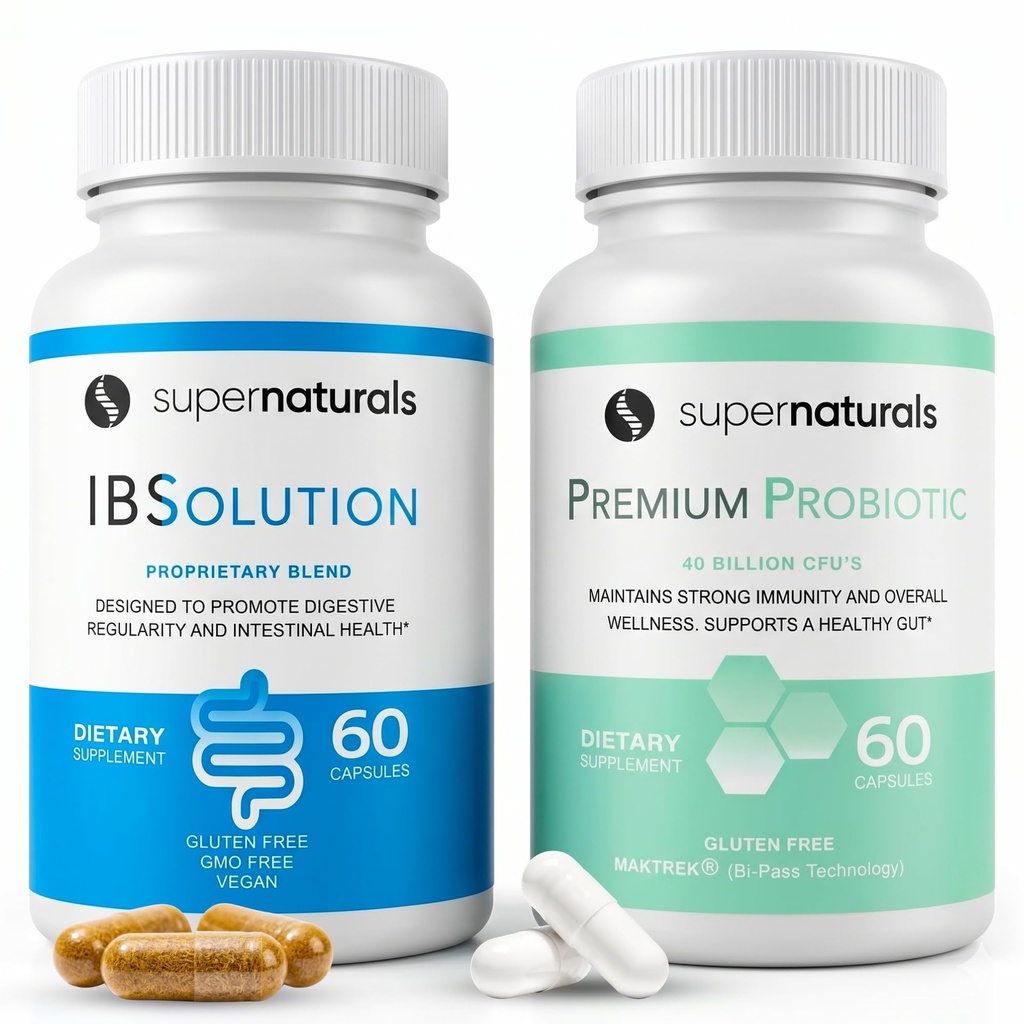 IBSolution Gut Health Bundle - Todos os suportes naturais à saúde do intestino e probióticos Premium w/ 40 bilhões de UFC para o apoio de Bowels Irregular, Bloating, Obstipação, Gás, Dor abdominal - 2 pacotes (120 caps)