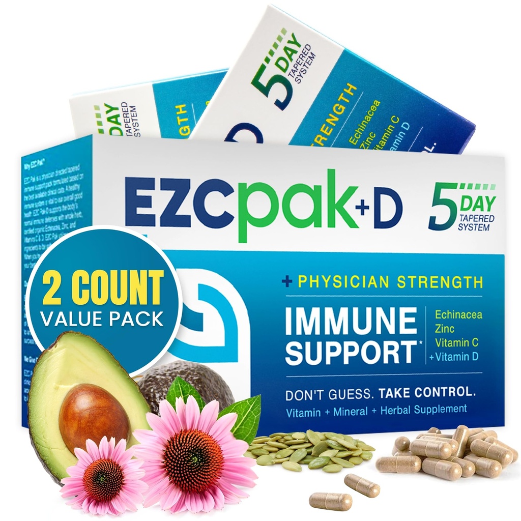 EZC Pak 5-Dia Imune System Booster com Echinacea, Vitamina C, Zinco e Vitamina D - Suplemento de suporte Imune Tapered para Adultos - Suporta Imunidade, Pacote de suplemento de tamanho fácil de viagem - (Pacote de 2)