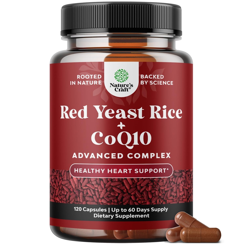 Red Yeast Rice with CoQ10 Supplement - Advanced Healthy Heart & Healthy Cholesterol Levels Fórmula para Homens e Mulheres - Cápsula de força extra com Red Yeast Rice 1200 mg Cápsulas com CoQ10-120 Contagem