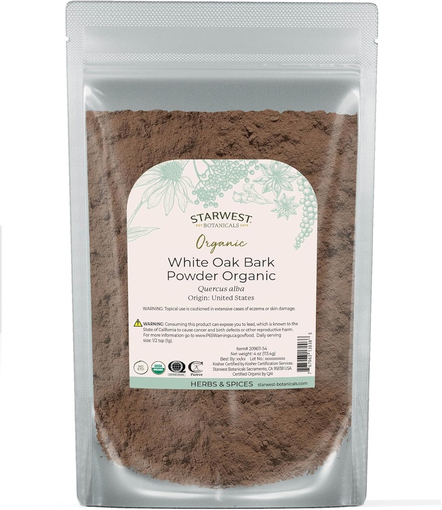 Botânicas Starwest White Oak Bark Powder Organic - Erva seca para chá e mistura de ervas naturais, Puro Quercus Alba, Certificado Kosher, Não-GMO - 4 oz Pouch
