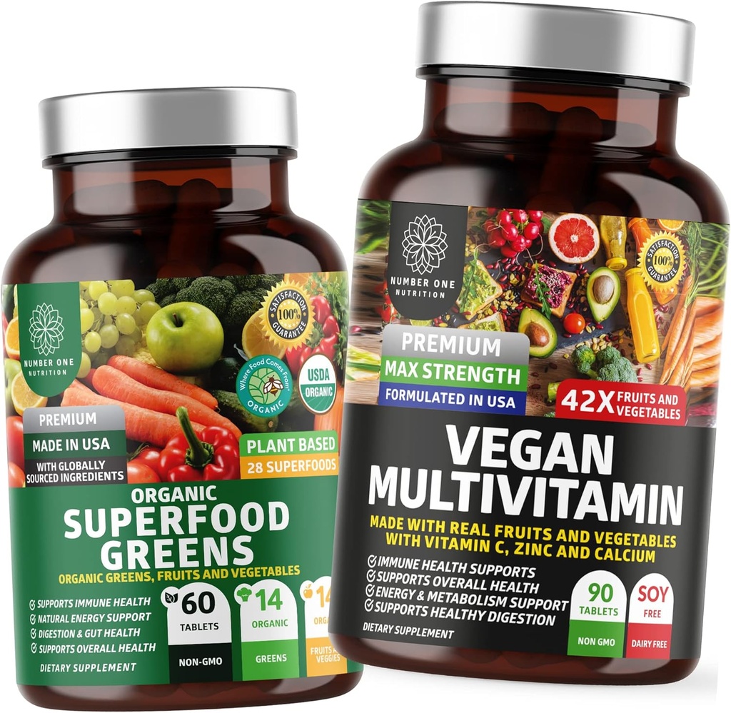 N1N Nutrição N1N Multivitamina Baseada em Plantas Premium [86 Ingredientes Poderosos] e Verdes Superalimentares Orgânicos [28 Ingredientes Poderosos], para apoiar a saúde intestinal e bem-estar geral, 2 Pacotes