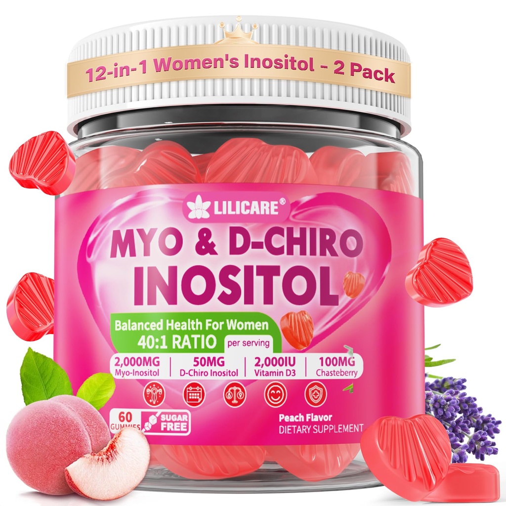 Inositol Gummies para Mulheres + Chasteberry, Myo-Inositol & D-Chiro Inositol 2000mg + 50mg Razão ideal de 40:1 com Metilado B12 & Folato, Colina, Magnésio, Vitamina D3 para a Saúde Geral, Pacote de 2