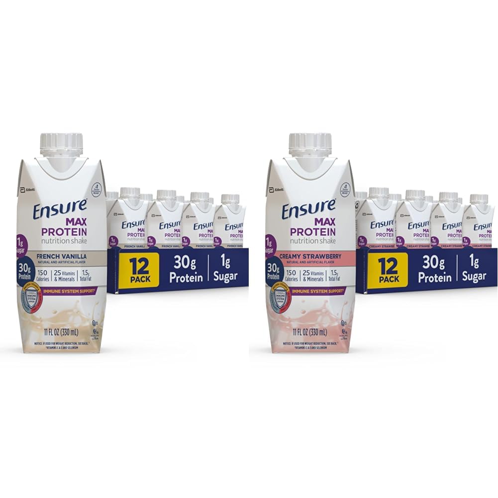 Garantir Max Protein Nutrition Shake com 30g de proteína e Max Protein Nutrition Shake com 30g de proteína, 1g de açúcar, alta proteína Shake, Creamy Strawberry, 11 fl oz, (Pacote de 12)