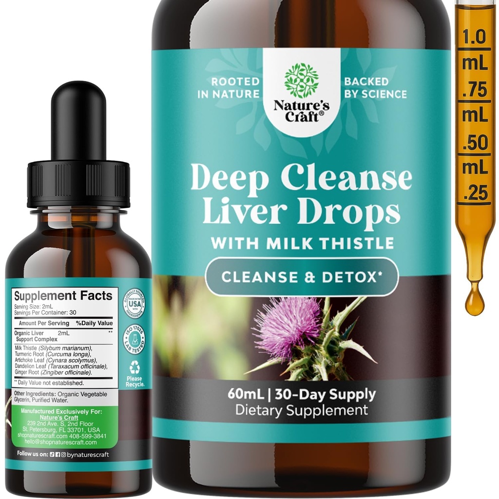 Deep Liver Cleanse, Detox & Repair with Milk Thistle Liquid Drops - Liver Detox Liquid Alcachofra Extract with Dandelion Leaf, Ginger & Curcumin para Imunidade e Limpeza Diária - 2Fl OZ