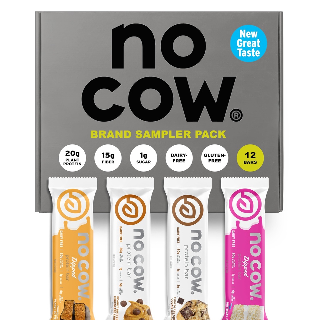 Sem vaca Vegan Protein Bars , Upgraded Brand Sampler Pack □ 20g Planta Based Protein , Gluten Free , Dairy Free , Soy Free , Keto Friendly , Baixo açúcar , Barras de alta fibra
