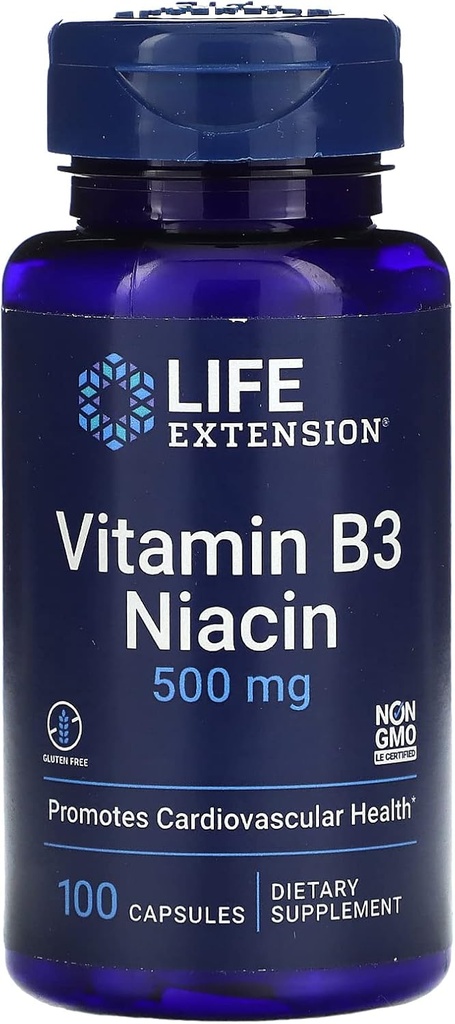Extensão da vida Vitamina B3 Niacina, 500 miligramas, 100 cápsulas