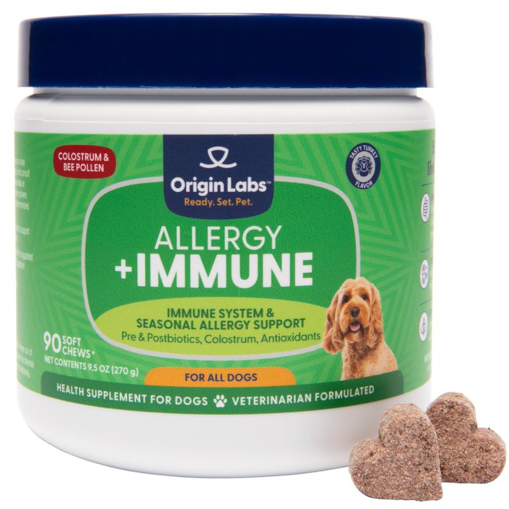 Origin Labs Suplemento de suporte de alergia e imune, óleo de peixe Omega 3, pólen de abelha, colostro, probióticos, prebióticos para a saúde da gut, pele e revestimento, antioxidantes, Turquia sabor, 90 mastigação macia