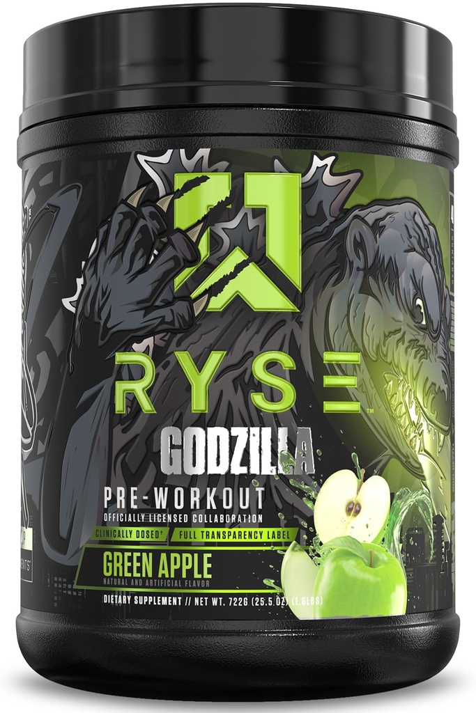 RYSE Godzilla X Noel Deyzel Pré-treino em pó - Apple Verde - 400mg Cafeína, High Stim Pré-treino para homens e mulheres com Citrulina e Beta Alanine - Energia, Bomba e Foco - 20/40 Servings