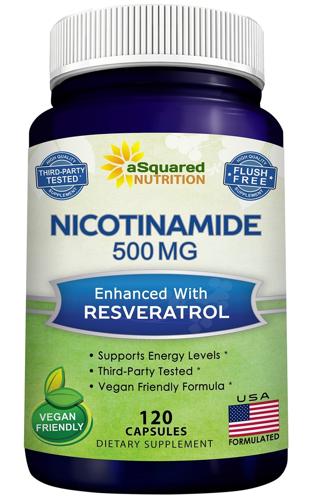 aSquared Nutrition Nicotinamida com Resveratrol - 120 Cápsulas Veggie - Vitamina B3 500mg (Niacinamida Flush Free) - Comprimidos Suplementares para Apoiar NAD, Saúde Celular da Pele & Energia