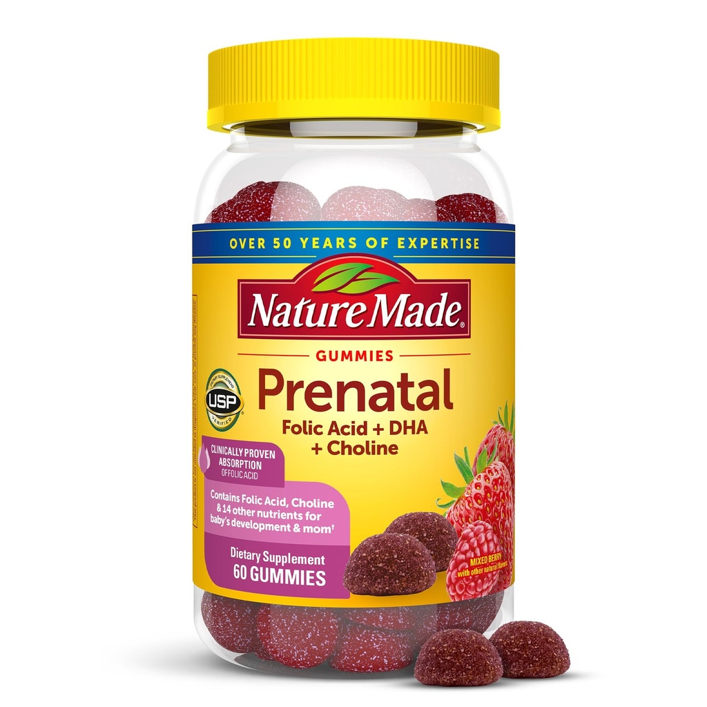 Gummies pré-natais com DHA e ácido fólico, vitaminas pré-natais e suplemento mineral para suporte nutricional diário, 60 chicletes, suprimentos de 30 dias