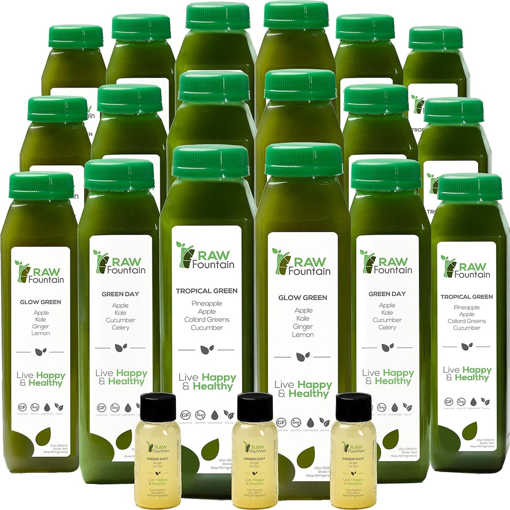 5 dia verde suco de limpeza por fonte crua, Tudo natural cru, Detox Vegan, frio Pressed Juice, 30 garrafas 12 onças, 3 tiros de gengibre