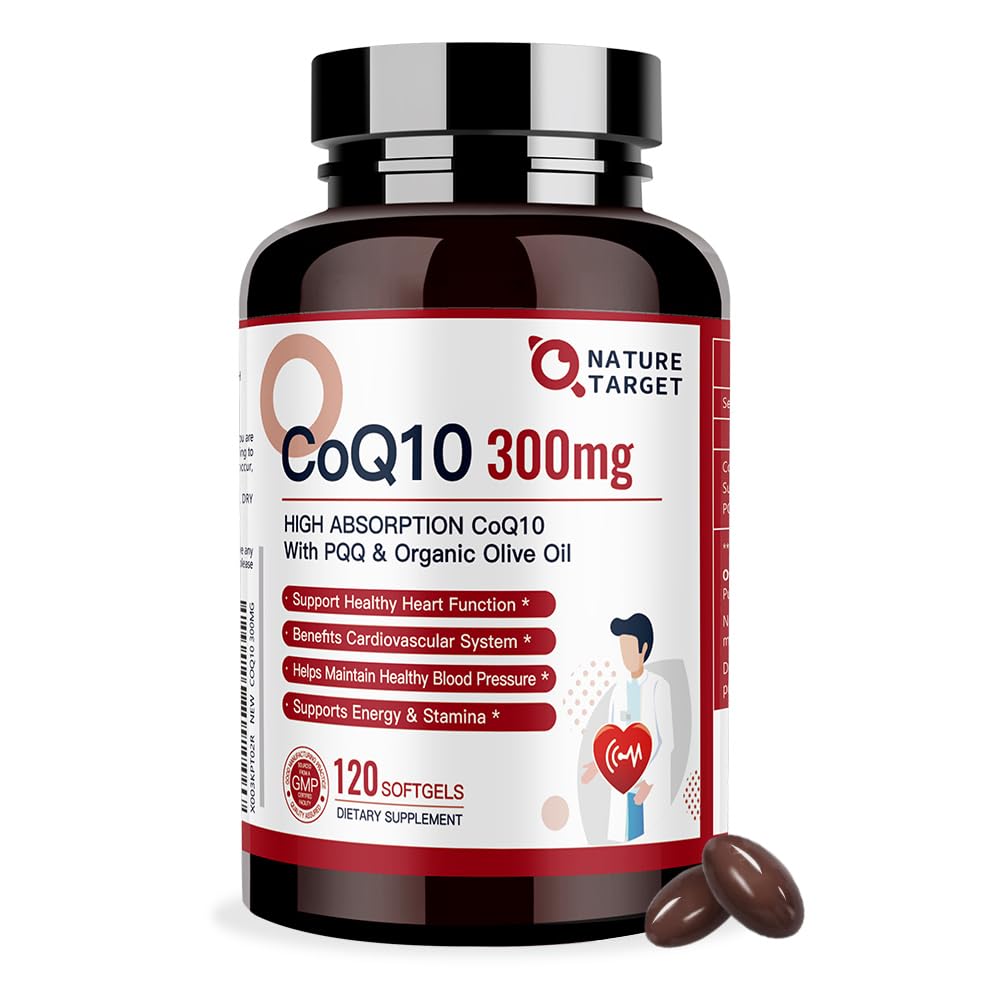 NATURE TARGET CoQ10-300mg-Softgels + PQQ com Orgânico-Olive-Oil - Alta Absorção-Coenzima-Q10 - Antioxidante-para-Coração-Saúde e Apoio Imune, Produção de Energia, 120 Servings