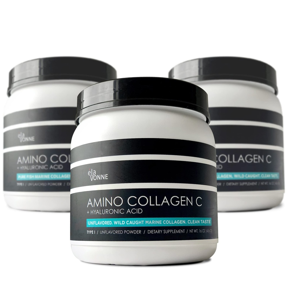 (3-Pack) Amino Colágeno C - Pó de Colágeno (180 Scoops) - Peptídeos de Colágeno Marinho + Ácido Hialurónico. Nada de açúcar. Sem Odor. Não OGM. EUA. para Cabelo, Pele, unhas, articulações, & Gut Saúde.