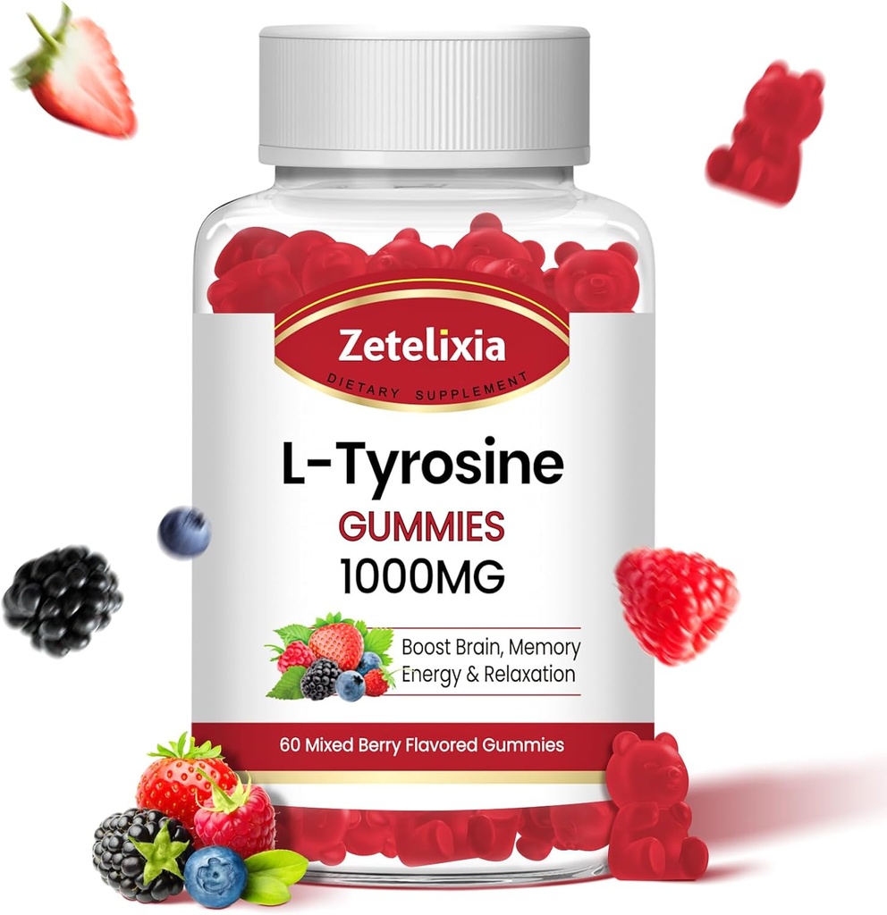 L Tyrosine Gummies 1000mg, L-Teanina Suplemento Gummy 200mg, Açúcar L-Tirosina grátis com vitamina B6 Suplementos de energia para adultos e crianças - Vegan(60 Conde)
