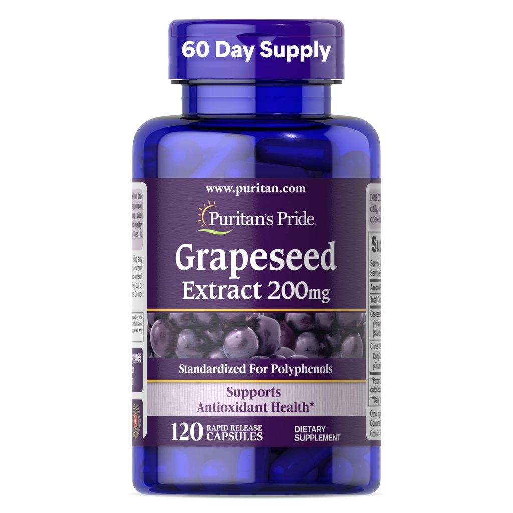 Puritan's Pride Grapeseed Extract 200mg, Suplemento dietético para Antioxidante e Apoio à Saúde do Coração, Fornecimento de 2 Mês, 120 Cápsulas de Libertação Rápida