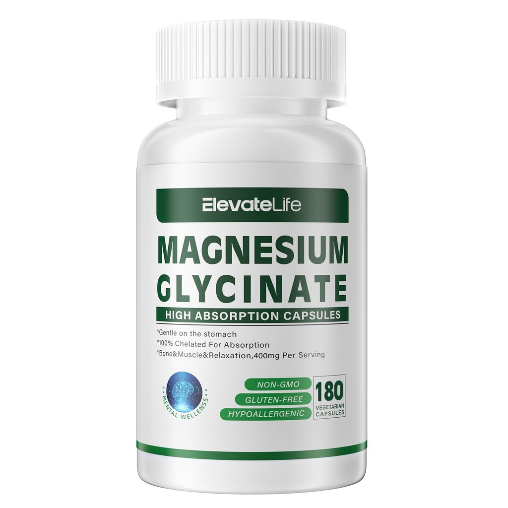 Glicinato de magnésio 400 MG por serviço 100% quelatado para alta absorção, suave no estômago, não-GMO, 180 Cápsulas Vegetarianas