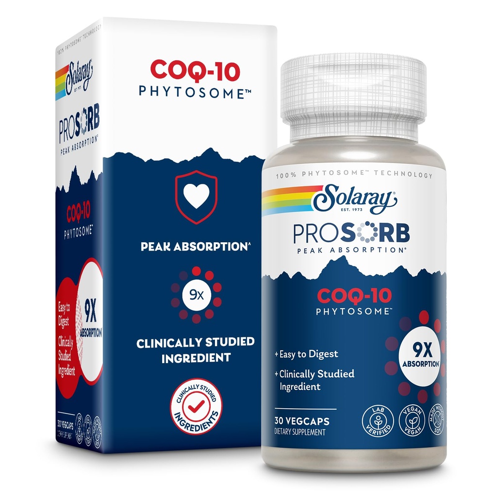SOLARAY CoQ-10 Phytosome - 9X Absorção CoQ10 200mg - Suplemento de antioxidantes fácil de digerir - Vegan e feito sem soja - 60-Day Garantia - 30 Servings, 30 VegCaps