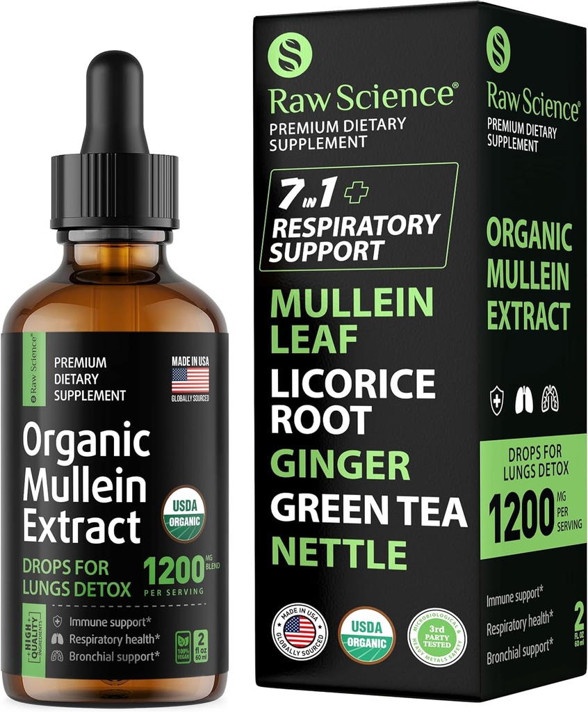 Gotas de muleína orgânicas para pulmões - Suporte respiratório e alívio de muco - Detox pulmonar para fumantes: Extrato de folha de mullein, Alcaçuz, Ginger, Orégano & Folha de urtiga, Thyme - Lung Cleanse Herbal Extract, 2 onças