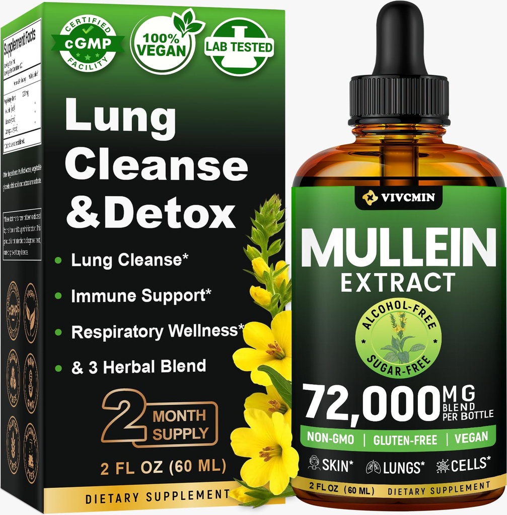 Mullein Drops para pulmões, Extrato de Folha de Mullein 3-em-1 para a saúde dos pulmões, Herbal Respiratory Lung Health Supplement, Support Imune & Digestive Wellness, Açúcar & Alcohol-free - 2 FL OZ