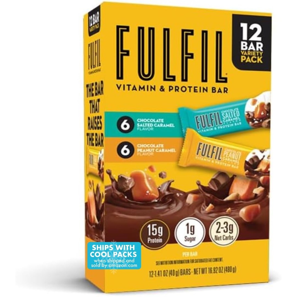 Snack Bares de proteína FULFIL, 6 Chocolate Amendoim e Caramel & 6 Chocolate Salgado Caramel, 15g Protein, Pantry Staples, 12 Count