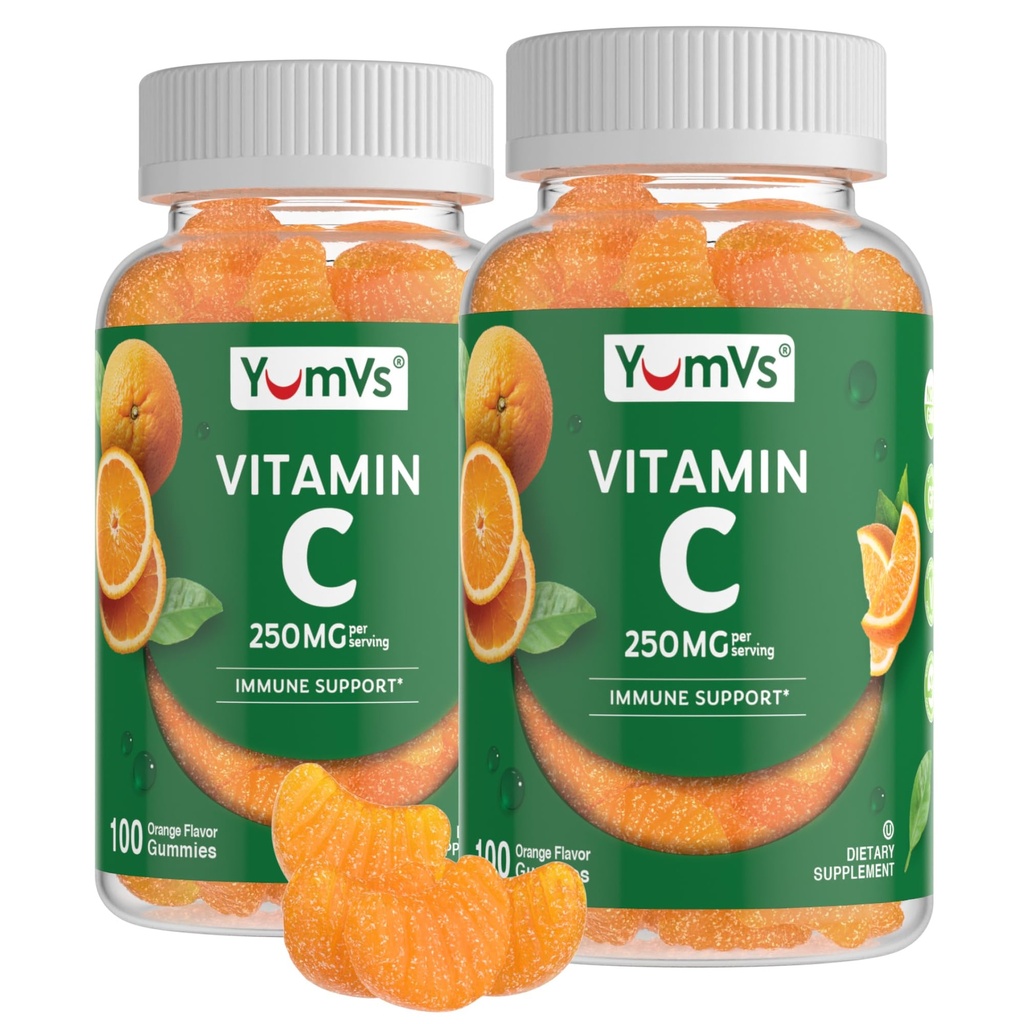 Pastilhas de vitamina C YumVs para adultos - 250 mg de goma de vitamina C sabor laranja - pastilhas de vitamina C mastigáveis para adultos - Suplemento de suporte imunológico - Kosher, Halal, Gluten Free (200 Count), 2 Pack