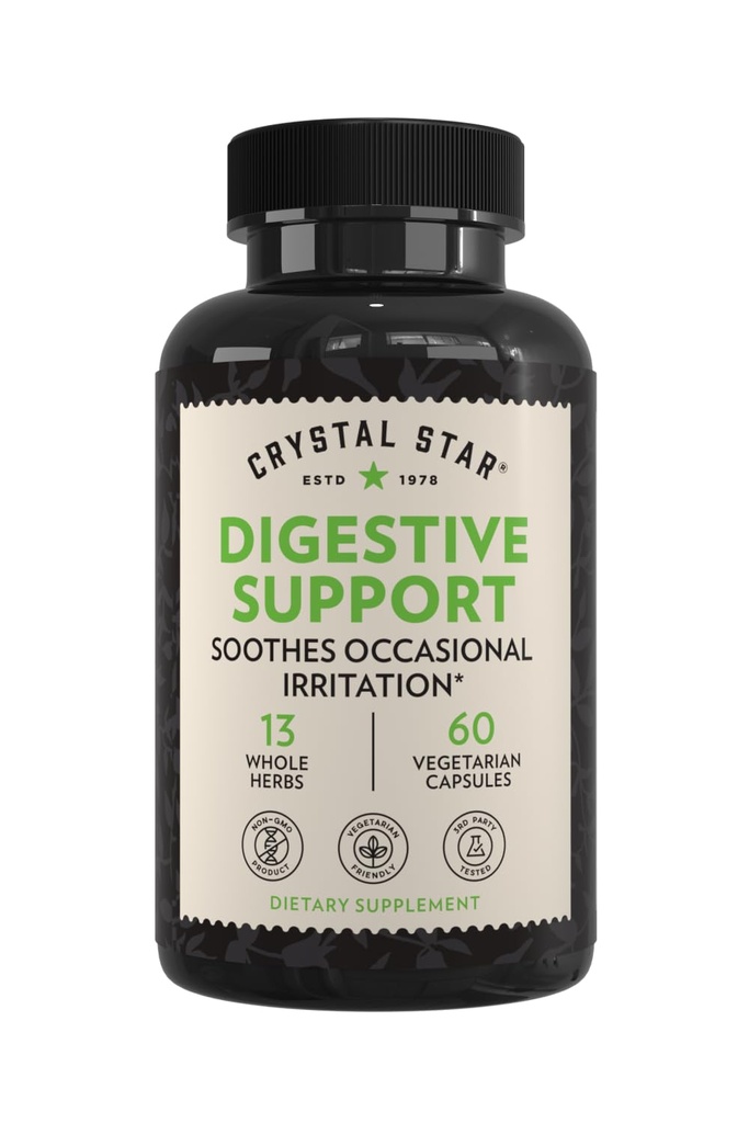Crystal Star Digestive Support Supplement (60 cápsulas) - Herbal Gut Health Supplement que ajuda com gás ocasional e inchaço - hortelã, Aloe Vera, Slippery Elm & Ginger – Não-GMO