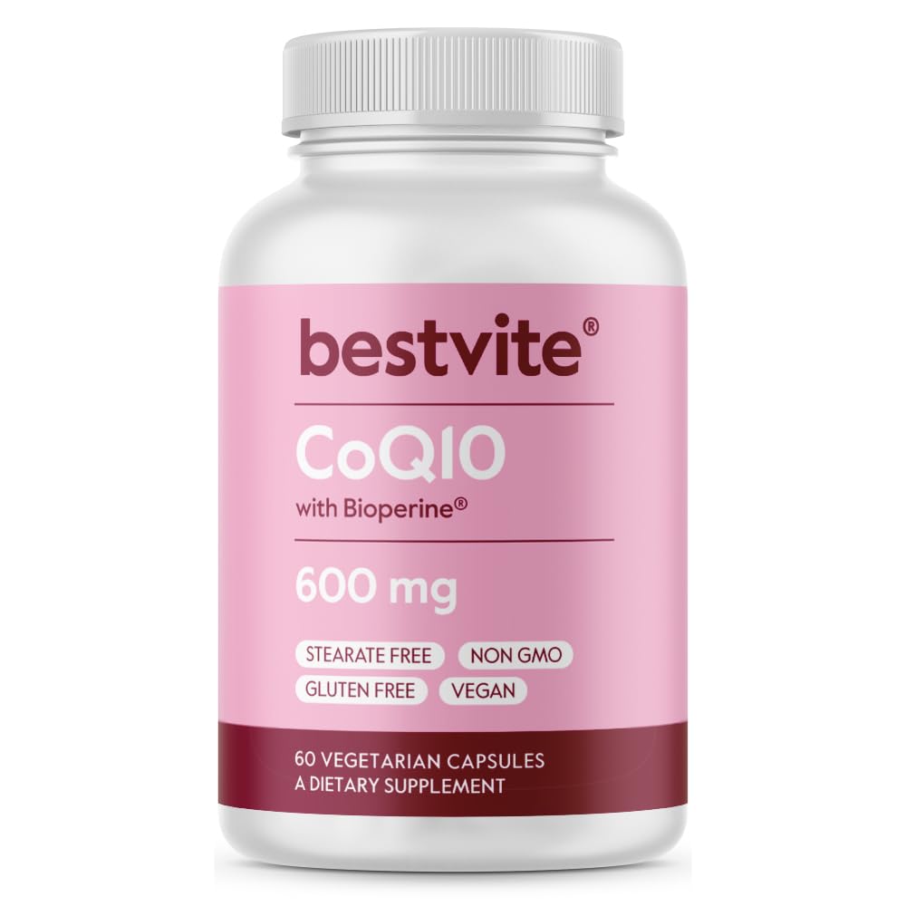 Coenzyme CoQ10 600mg por cápsula com Bioperine (60 Cápsulas Vegetarianas) Naturalmente Fermentado - Sem Dióxido de Titânio - Sem Enchidos - Sem Estearatos - Vegan - Glúten Livre - Não OGM