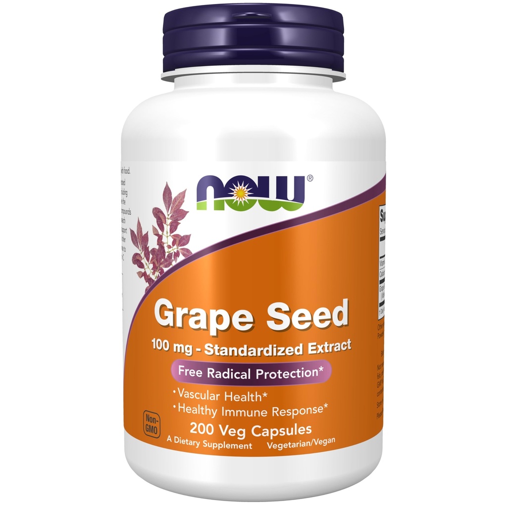Now Foods Supplements, Grape Seed 100 mg - Extrato padronizado, Extrato altamente concentrado com um mínimo de 90% de polifenóis, com Vitamina C, 200 Veg Cápsulas