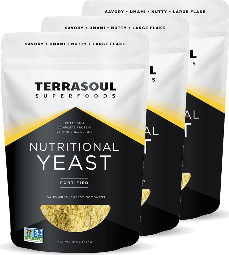 Terrasoul Superfoods Premium Nutritional Yeast Flakes, 3 Lbs (Pacote de 3), Fortificado, Saboroso Superfood para Vegan Cheese, Temperamento, e Proteína Baseada em Plantas Boost