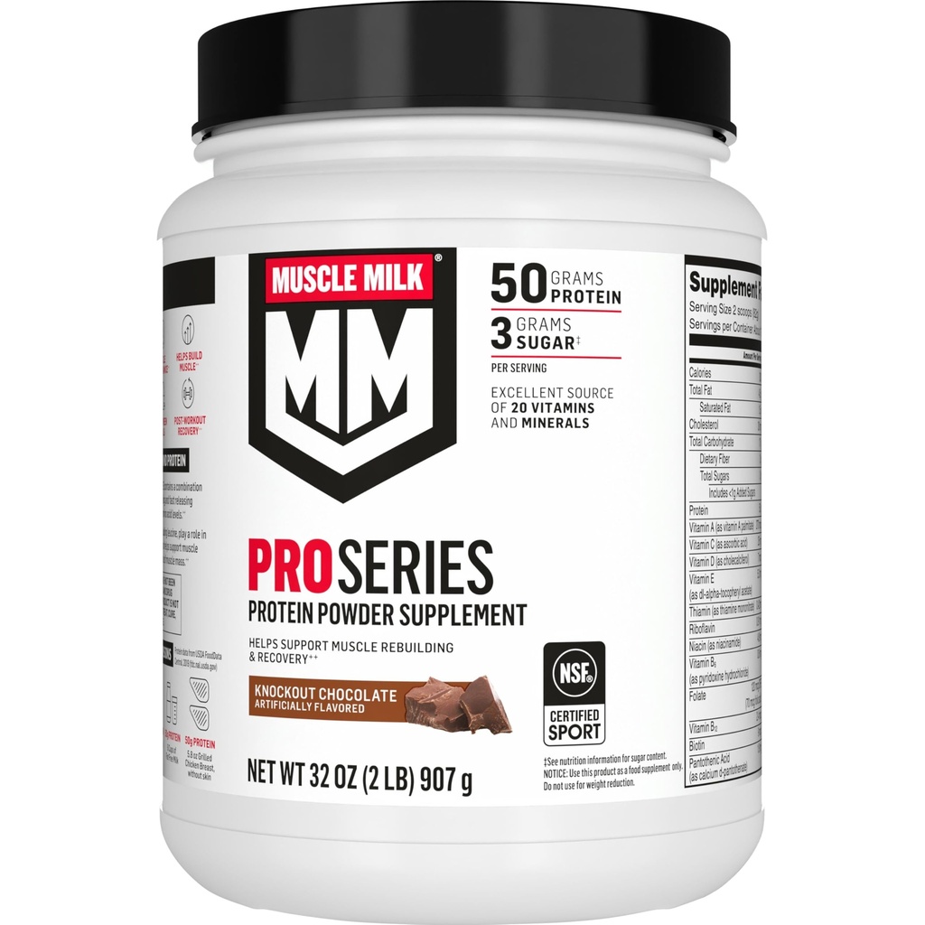 Muscle Milk Pro Série Protein Powder Supplement, Knockout Chocolate,2 Libras,11 Servings,50g de proteína,3g de açúcar,20 Vitaminas & Minerals,NSF certificado para o esporte,Recuperação de exercícios,Pacote de maio Vary