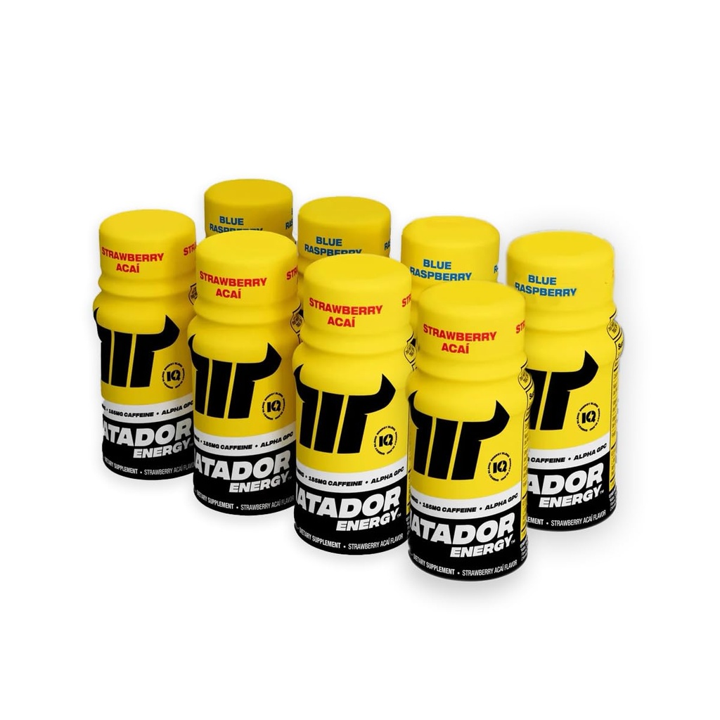 MATADOR Energy Shots - Sampler 8 Pack - Sugar Free Nootropic Natural Caffeine Energy Shot Garrafas, B Vitamina Complex (Vitamina B3 & B12), 200 MG de Alpha GPC Melhorando Função Cognitiva