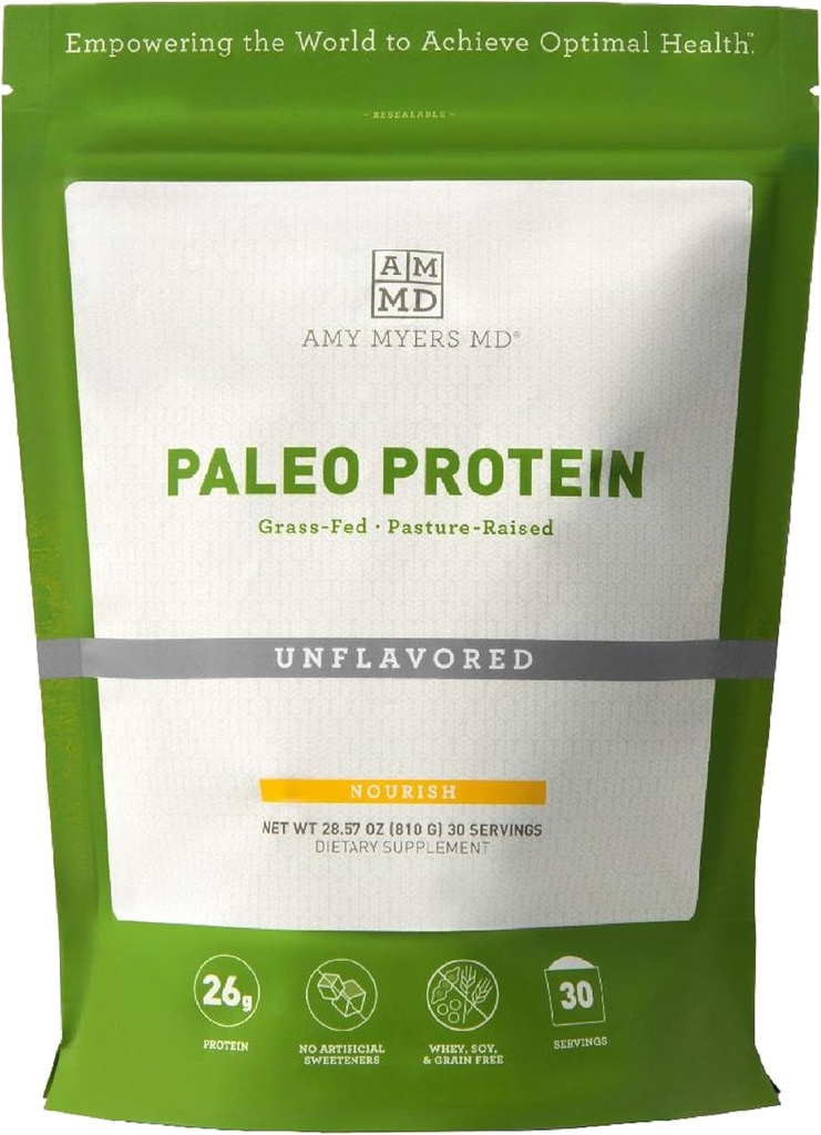 Amy Myers MD Paleo Protein Powder - Sem sabor, 20 Servings - Suporte à função de gut baseada em colágeno - sem glúten e sem leite Suplemento de proteína